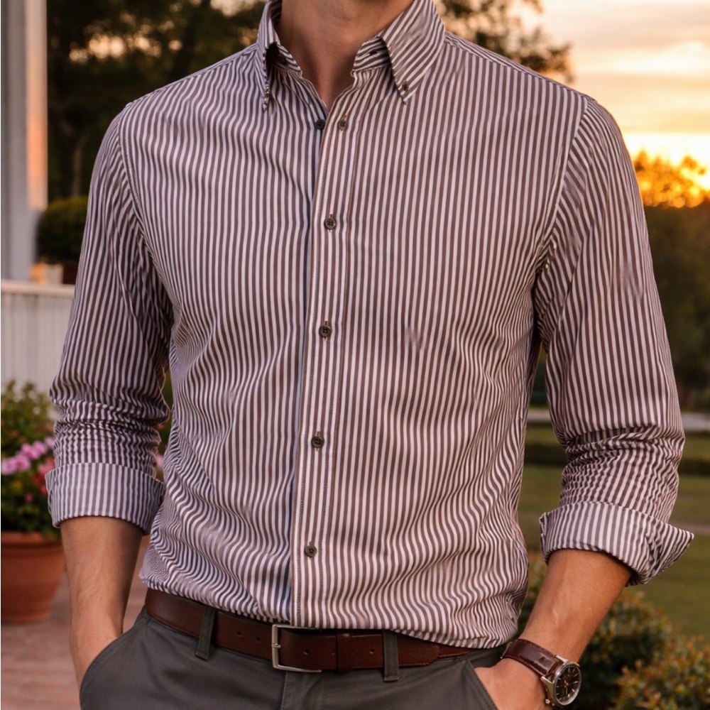-Alan Flusser Luxury Blue & Brown Striped L/S Button-Down Men's Shirt Size Med